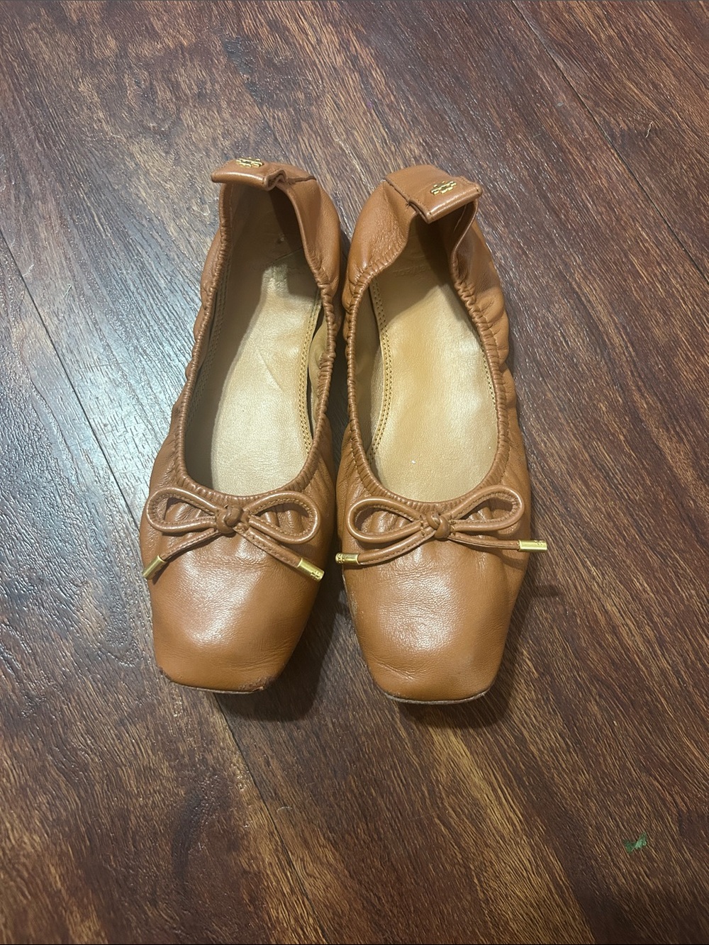 Tory Burch Cognac Leather Ballet Flats with Bow